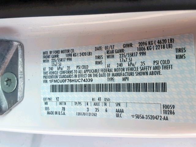 1FMCU0F76HUC74339 - 2017 FORD ESCAPE S WHITE photo 10