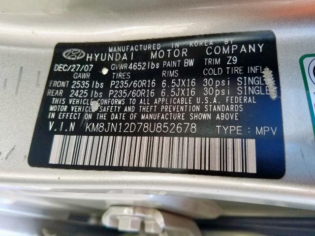 KM8JN12D78U852678 - 2008 HYUNDAI TUCSON SE SILVER photo 10