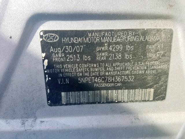 5NPET46C78H367532 - 2008 HYUNDAI SONATA GLS GRAY photo 10