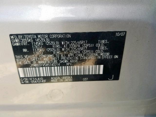 JTMBD31V585140214 - 2008 TOYOTA RAV4 LIMIT SILVER photo 10