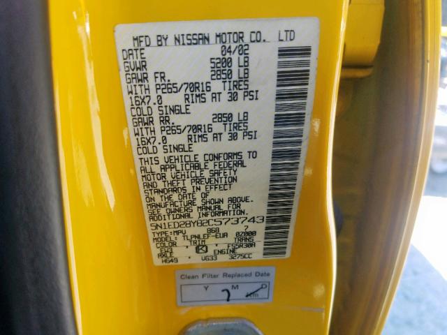 5N1ED28Y82C573743 - 2002 NISSAN XTERRA XE YELLOW photo 10