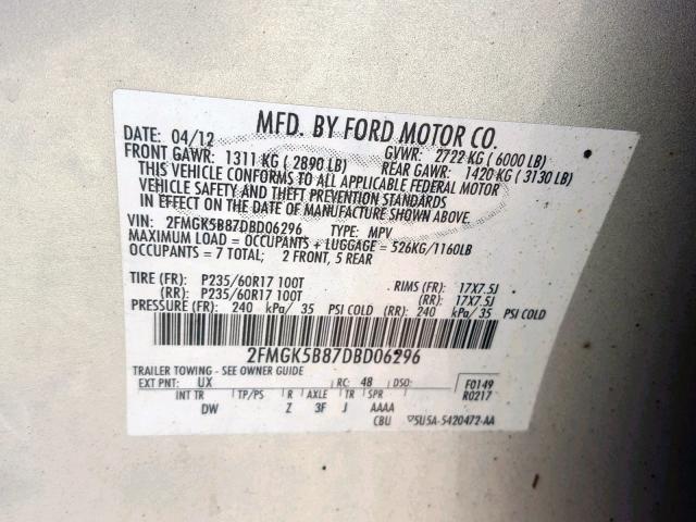 2FMGK5B87DBD06296 - 2013 FORD FLEX SE SILVER photo 10