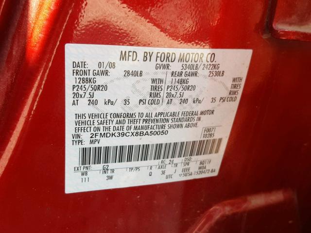 2FMDK39CX8BA50050 - 2008 FORD EDGE LIMIT RED photo 10