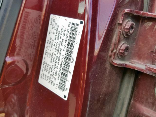 1HGCP26489A031116 - 2009 HONDA ACCORD LXP MAROON photo 10