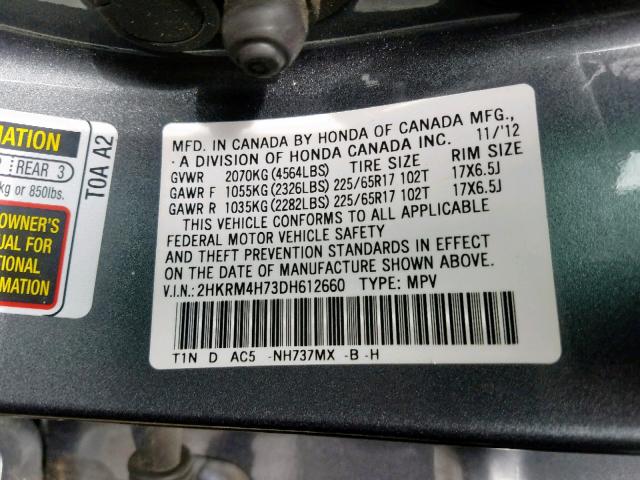 2HKRM4H73DH612660 - 2013 HONDA CR-V EXL GRAY photo 10