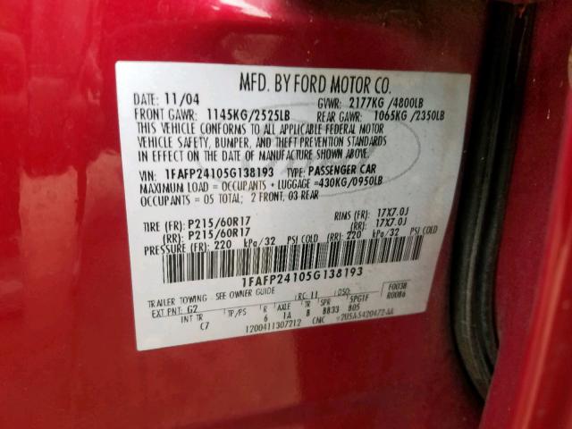 1FAFP24105G138193 - 2005 FORD FIVE HUNDR RED photo 10