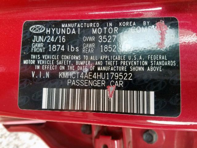 KMHCT4AE4HU179522 - 2017 HYUNDAI ACCENT SE RED photo 10