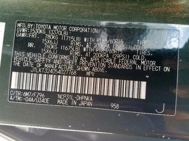 JTLKT324054027768 - 2005 TOYOTA SCION XB GREEN photo 10