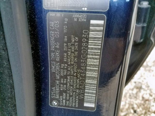 WBADT43483G028930 - 2003 BMW 525 I AUTO BLUE photo 10