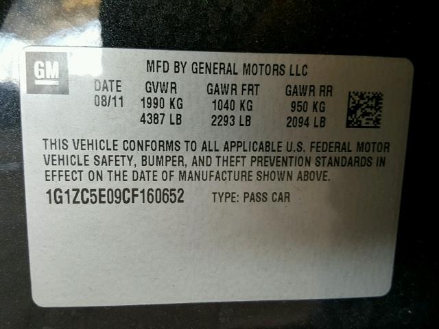 1G1ZC5E09CF160652 - 2012 CHEVROLET MALIBU 1LT BLACK photo 10