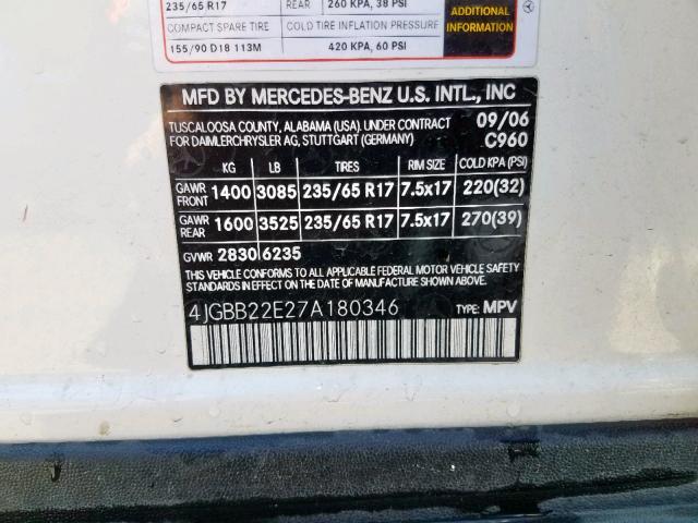 4JGBB22E27A180346 - 2007 MERCEDES-BENZ ML 320 CDI WHITE photo 10