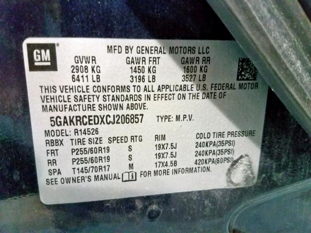 5GAKRCEDXCJ206857 - 2012 BUICK ENCLAVE BLUE photo 10