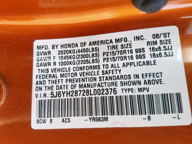 5J6YH28728L002376 - 2008 HONDA ELEMENT EX ORANGE photo 10