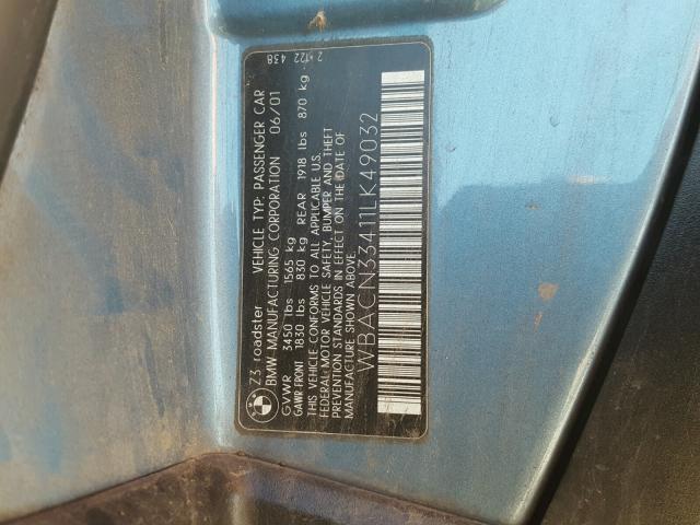 WBACN33411LK49032 - 2001 BMW Z3 2.5 BLUE photo 10