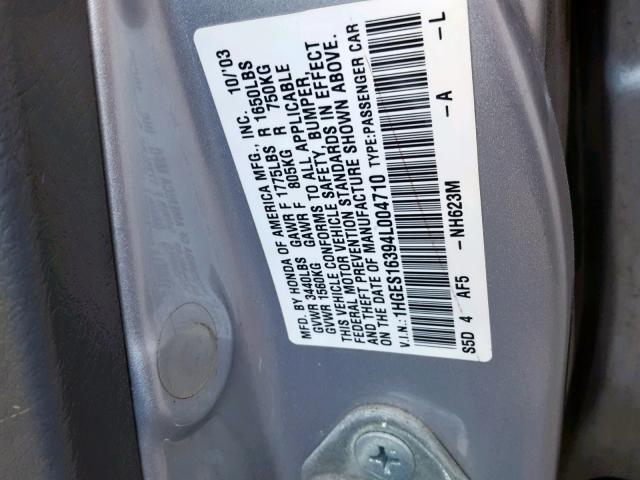 1HGES16394L004710 - 2004 HONDA CIVIC DX V SILVER photo 10