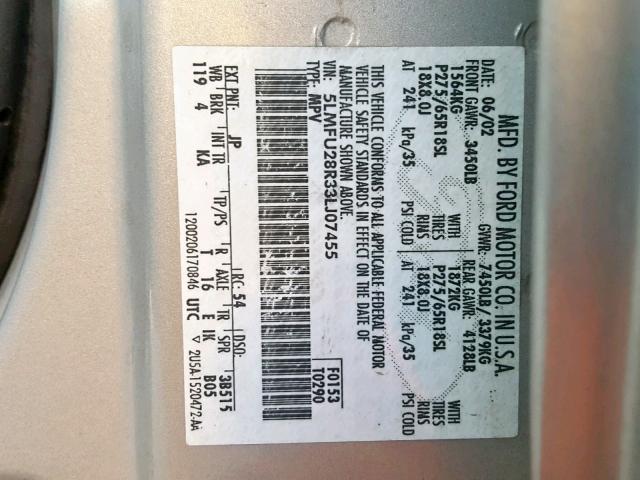 5LMFU28R33LJ07455 - 2003 LINCOLN NAVIGATOR SILVER photo 10