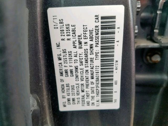 1HGCP3F82BA016772 - 2011 HONDA ACCORD EXL GRAY photo 10