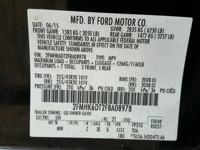 2FMHK6DT2FBA08978 - 2015 FORD FLEX LIMIT BLACK photo 10