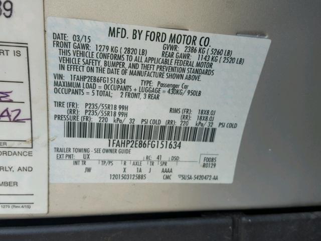 1FAHP2E86FG151634 - 2015 FORD TAURUS SEL SILVER photo 10