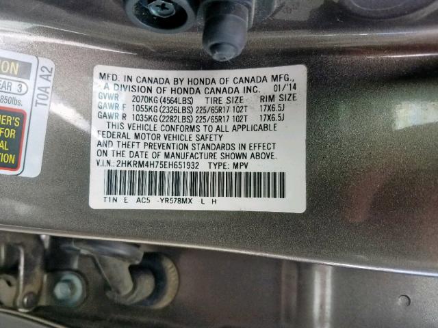 2HKRM4H75EH651932 - 2014 HONDA CR-V EXL GRAY photo 10