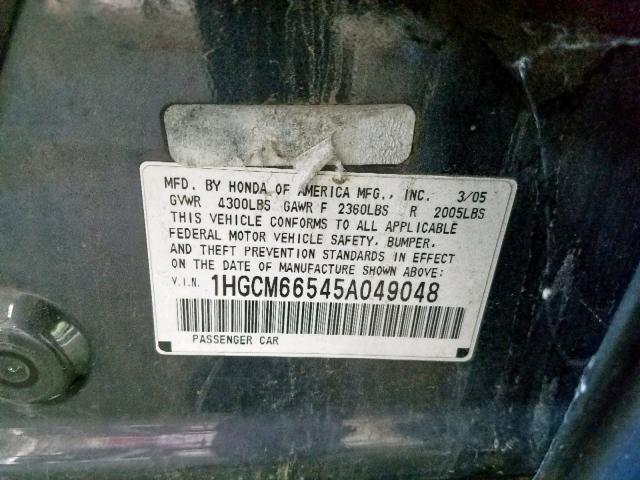 1HGCM66545A049048 - 2005 HONDA ACCORD EX GRAY photo 10