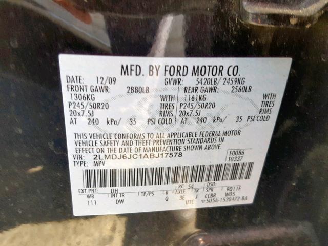 2LMDJ6JC1ABJ17578 - 2010 LINCOLN MKX BLACK photo 10