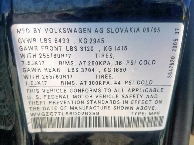 WVGZG77L56D026389 - 2006 VOLKSWAGEN TOUAREG 3. BLACK photo 10