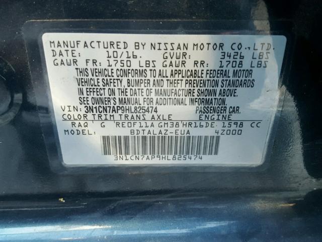 3N1CN7AP9HL825474 - 2017 NISSAN VERSA S BLUE photo 10