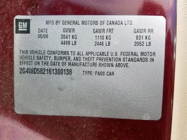 2G4WD582161300138 - 2006 BUICK LACROSSE C MAROON photo 10