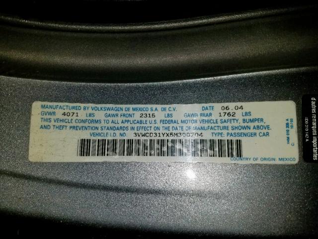 3VWCD31YX5M300704 - 2005 VOLKSWAGEN NEW BEETLE ნაცრისფერი ფოტო 10