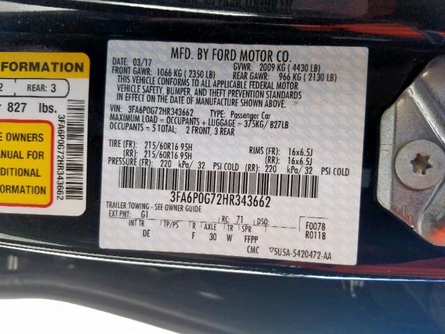 3FA6P0G72HR343662 - 2017 FORD FUSION S BLACK photo 10