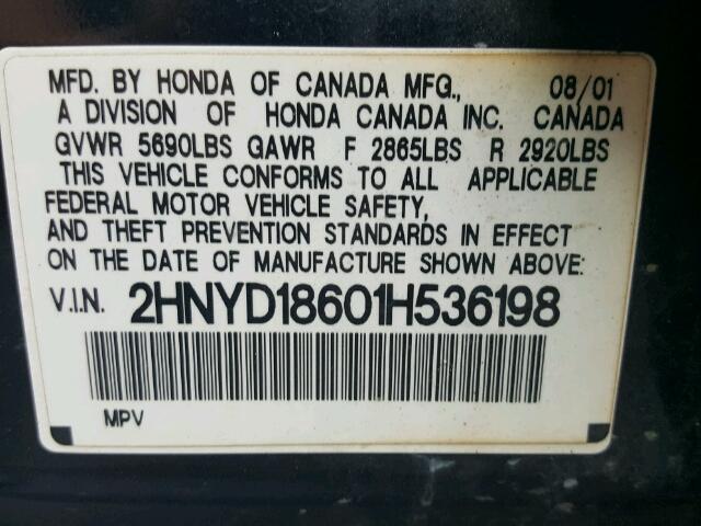 2HNYD18601H536198 - 2001 ACURA MDX TOURIN BLACK photo 10