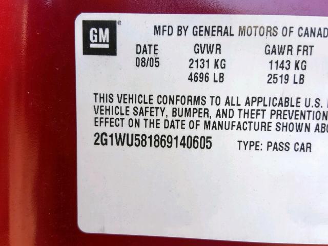 2G1WU581869140605 - 2006 CHEVROLET IMPALA LTZ RED photo 10