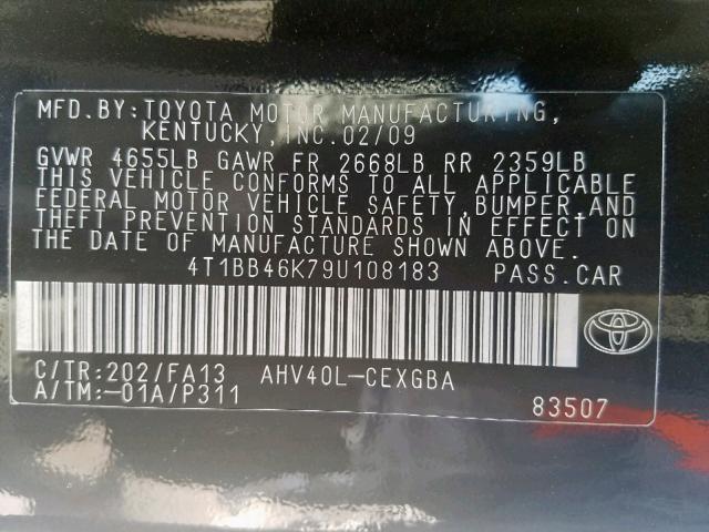 4T1BB46K79U108183 - 2009 TOYOTA CAMRY HYBR BLACK photo 10