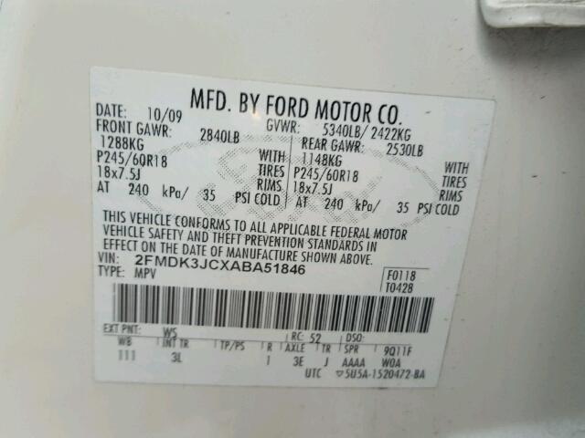 2FMDK3JCXABA51846 - 2010 FORD EDGE SEL WHITE photo 10