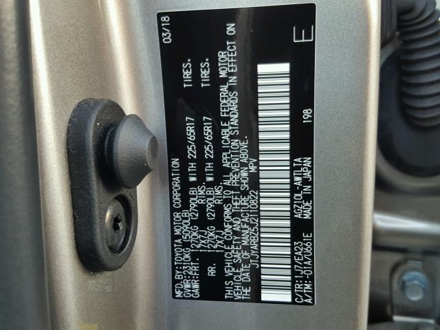 JTJYARBZ5J2110822 - 2018 LEXUS NX 200T GRAY photo 10