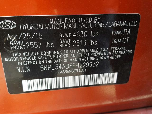 5NPE34AB8FH229932 - 2015 HYUNDAI SONATA SPO ORANGE photo 10