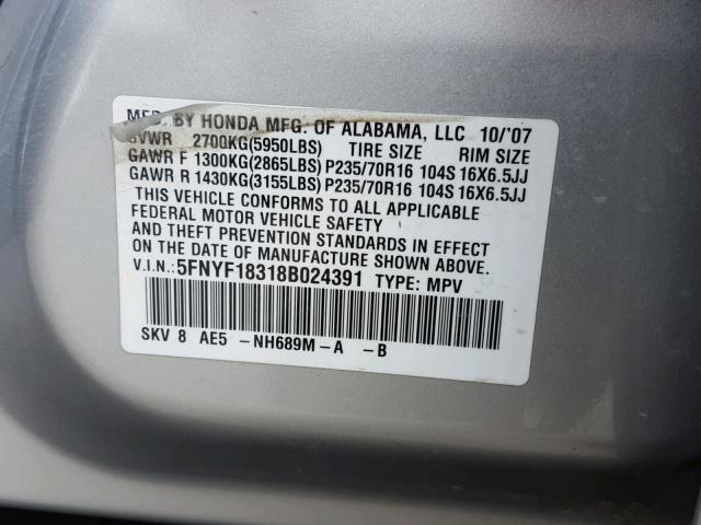 5FNYF18318B024391 - 2008 HONDA PILOT SE SILVER photo 10