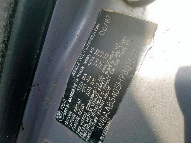 WBAAB5405H9807527 - 1987 BMW 325 BASE GRAY photo 10