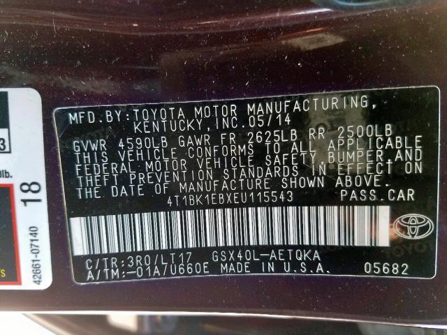 4T1BK1EBXEU115543 - 2014 TOYOTA AVALON BAS BURGUNDY photo 10