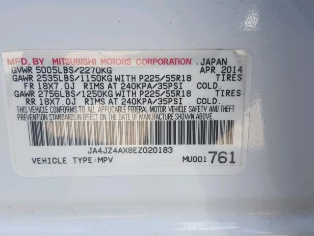 JA4JZ4AX8EZ020183 - 2014 MITSUBISHI OUTLANDER WHITE photo 10