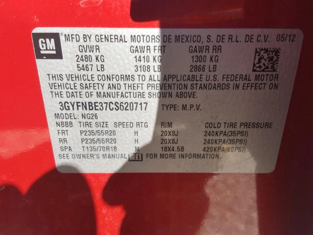 3GYFNBE37CS620717 - 2012 CADILLAC SRX PERFOR RED photo 10