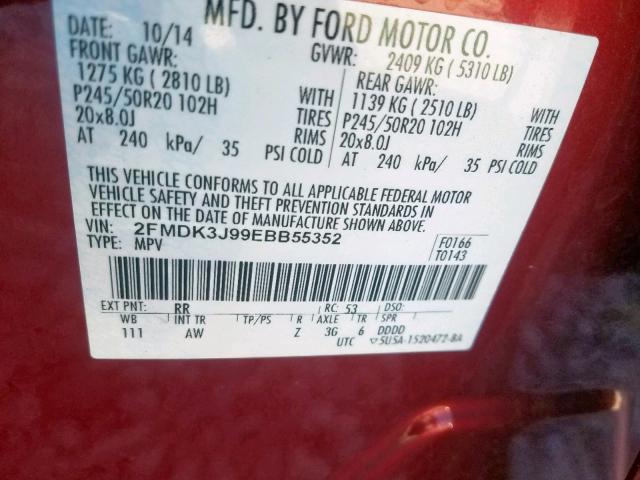 2FMDK3J99EBB55352 - 2014 FORD EDGE SEL RED photo 10