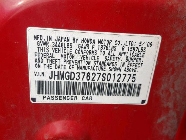 JHMGD37627S012775 - 2007 HONDA FIT S 红色 照片 10