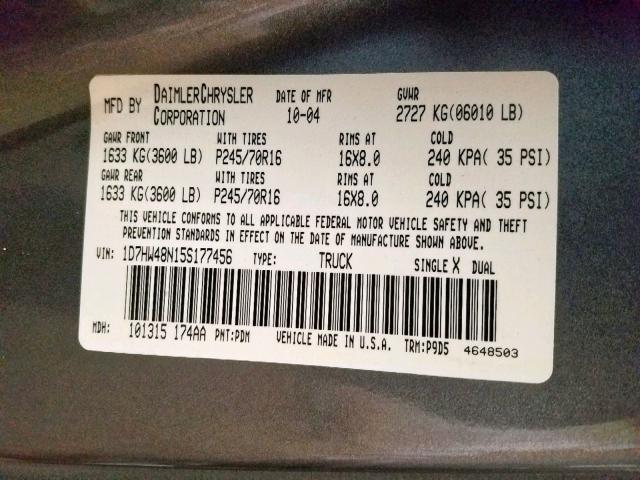 1D7HW48N15S177456 - 2005 DODGE DAKOTA QUA CHARCOAL photo 10