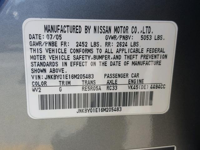 JNKBY01E16M205483 - 2006 INFINITI M45 BASE SILVER photo 10