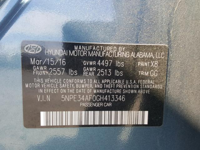 5NPE34AF0GH413346 - 2016 HYUNDAI SONATA SPO BLUE photo 10