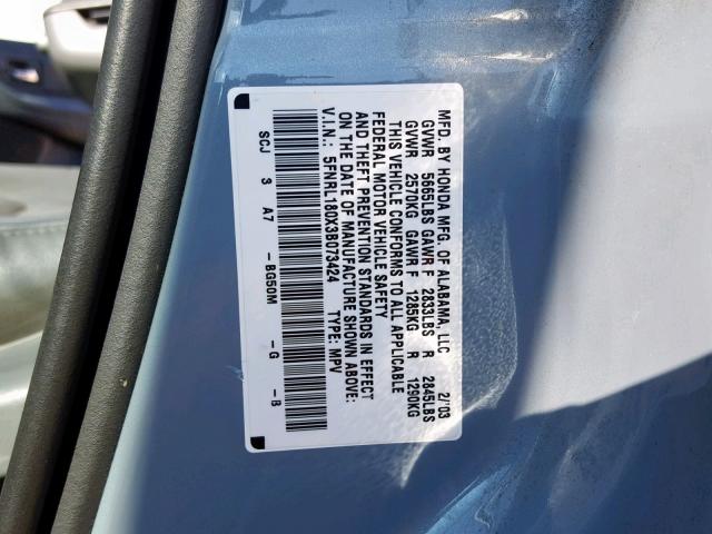 5FNRL180X3B073424 - 2003 HONDA ODYSSEY EX BLUE photo 10