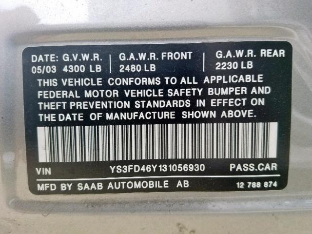 YS3FD46Y131056930 - 2003 SAAB 9-3 ARC SILVER photo 10