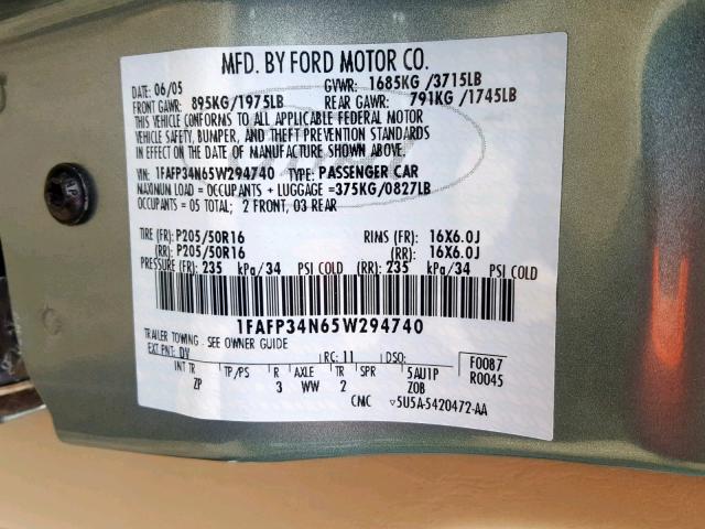 1FAFP34N65W294740 - 2005 FORD FOCUS ZX4 TEAL photo 10